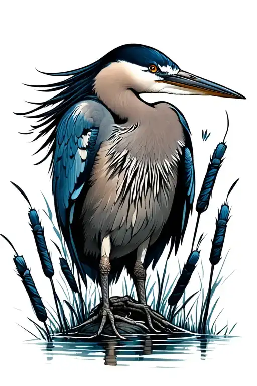 blue heron surrounded by cat tails tattoo design idea