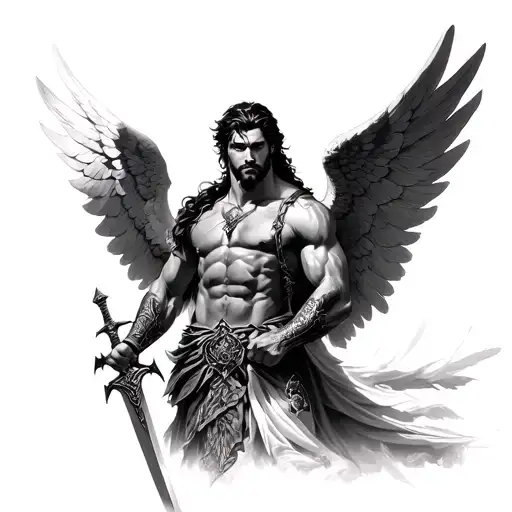 realistic male warrior angel holding a sword tattoo tattoo design idea