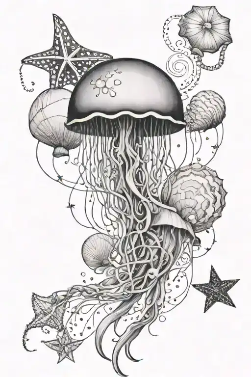 ocean theme on arm, small, slowly style with very fine lines, a jellyfish, starfish, shells, and little designs around tattoo design idea