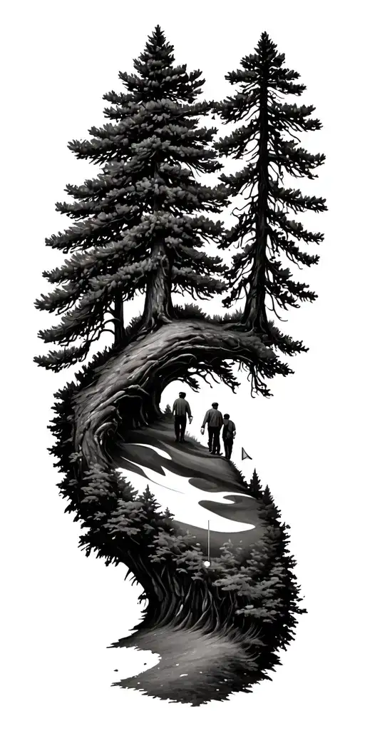pine forest wrap around tree golf course family tattoo design idea