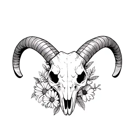 ram skull surrounded by various flowers including dasies tattoo design idea
