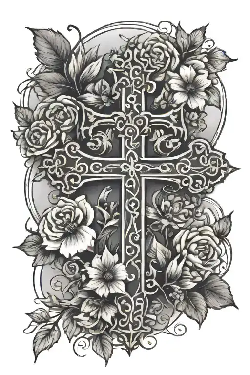 A cross with the saying of by his grace with the birth flowers of december, may, april, november, and july tattoo design idea
