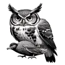 mamma owl with a duck, canary and peregrine falcon tattoo design idea