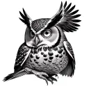 mamma owl with a duck, canary and peregrine falcon tattoo design idea