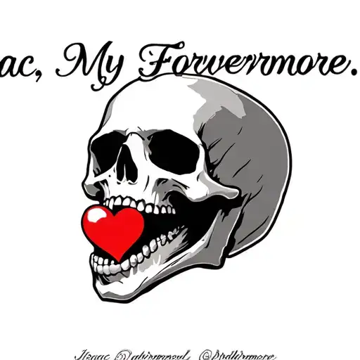 "Isaac, My Forevermore. " skull with heart in open mouth tattoo design idea