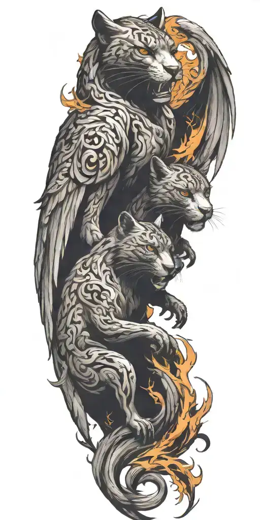 panther and pheonix rising from the ashes symbolizing rebirth tattoo design idea