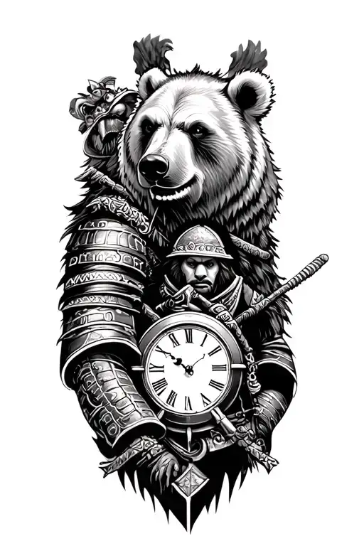 sleeve tattoo with a clock on the forearm and a samurai on the shoulder of a bear tattoo design idea