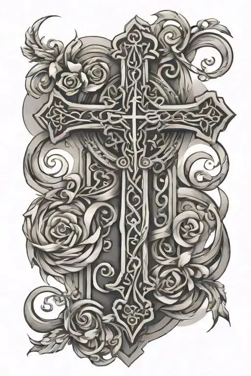 tattoo design with a rugged cross as the focal point, intertwined with an infinity symbol, and including the names Dina  tattoo design idea