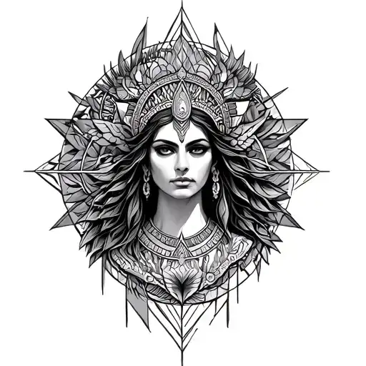 a chest piece tattoo with a women shaman as a centre piece and sacred geometry unwinding on the way out tattoo design idea