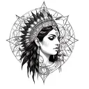a chest piece tattoo with a women shaman as a centre piece and sacred geometry unwinding on the way out tattoo design idea