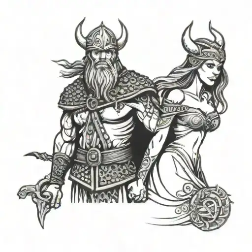 viking man witch woman couple holding hands tattoo design idea
