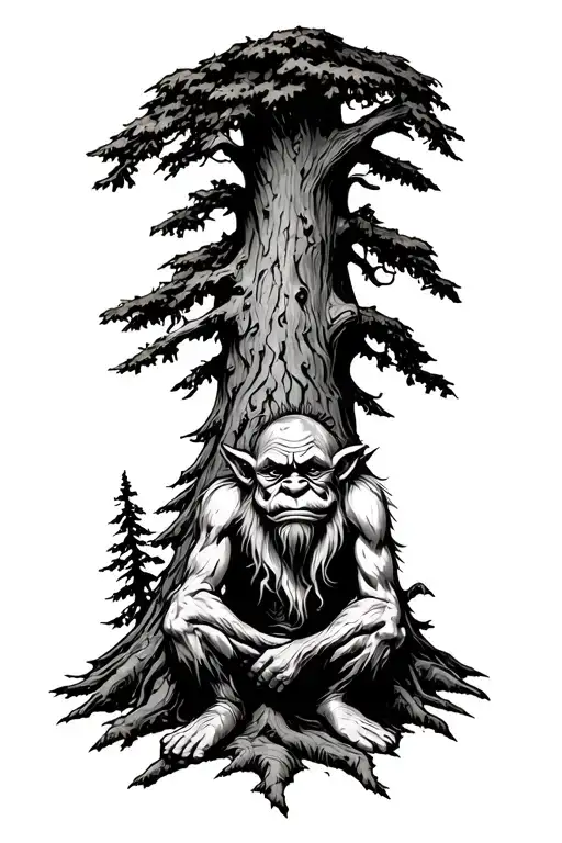 norwegian troll sit at foot of a tree tattoo design idea
