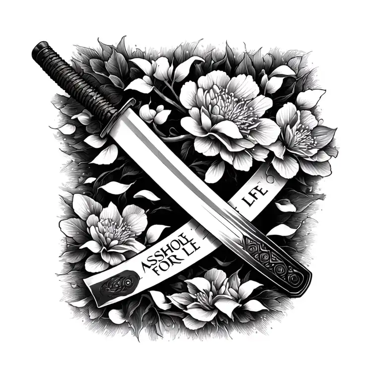katana with sakura petals, men's "ASSHOLE FOR LIFE" tattoo design idea