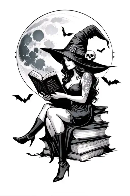 "Moon cycle behind the witch" cute witch sitting on a stack of books with a skull on the books and the witch is reading with bats in the sky and the  tattoo design idea