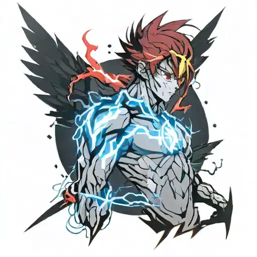 anime character with red eyes and a flash of lightning from his eyes tattoo design idea