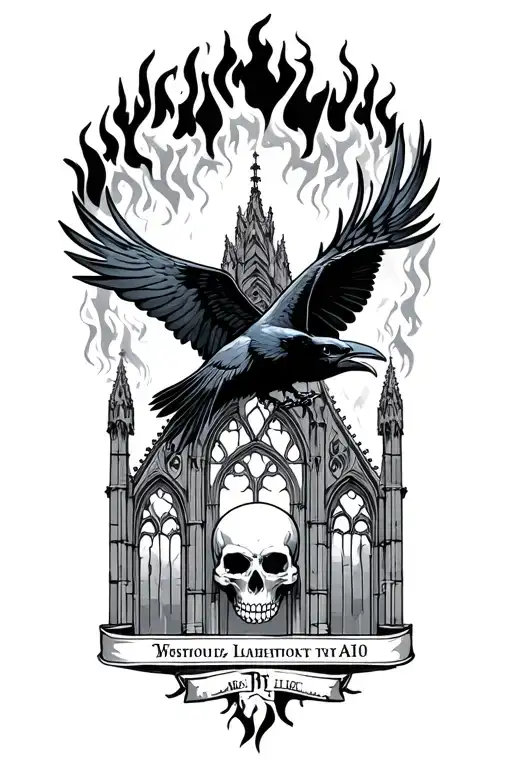 dark Erie raven flying through fire front profile with skull and cathedral window tattoo design idea