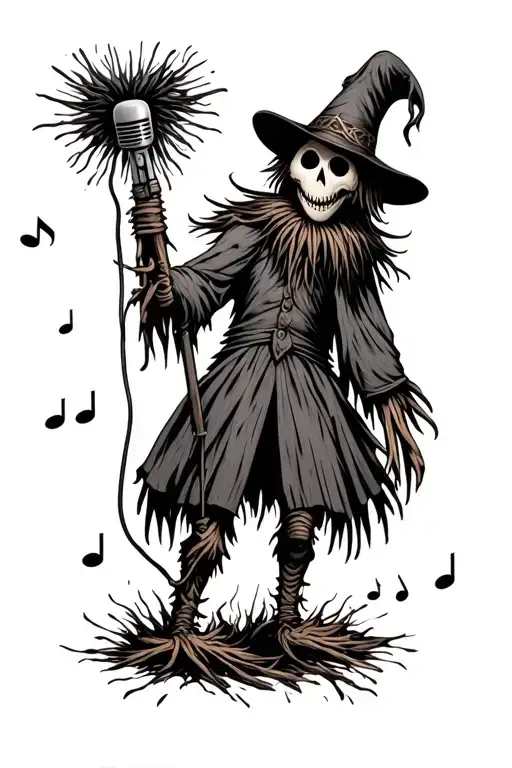 A gothic scarecrow with a microphone surrounded by musical notes tattoo design idea