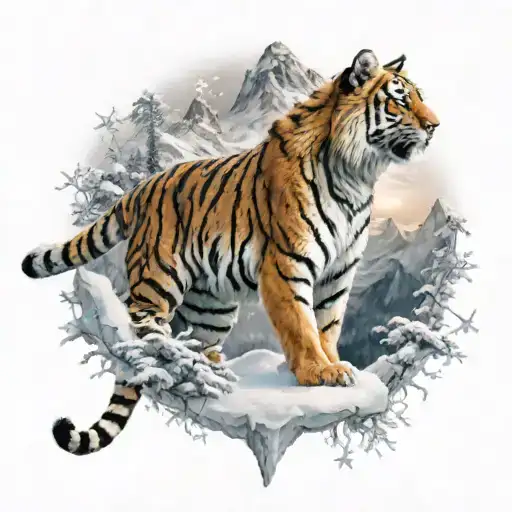 snow on top of a mountain with full body smalk tigress and 8 stars tattoo design idea
