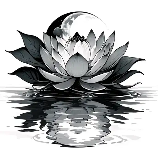 lotus flower with large black leaves with phases of moon reflecting on the water tattoo design idea