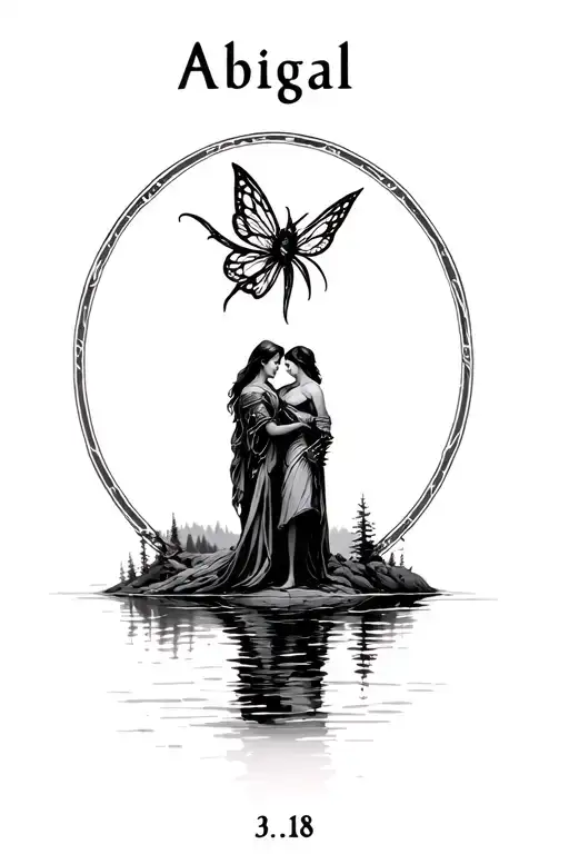 "Abigail 3.9.18" warrior protecting a fairy over a lake infront tattoo design idea