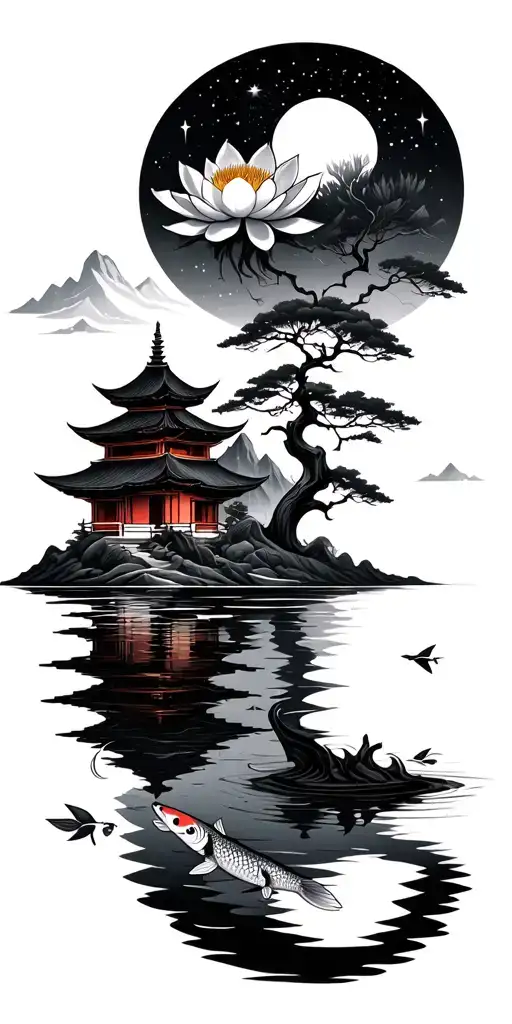 Black-grey mandala with water,mountains,tree,tiny temple,starry sky,mandala,lotus, small koi tattoo design idea