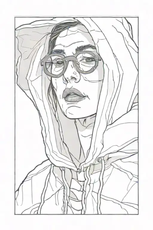 hooded woman, cuckoo horror movie 2024, glasses, rain coat, open mouth, distended jaw, scary tattoo design idea