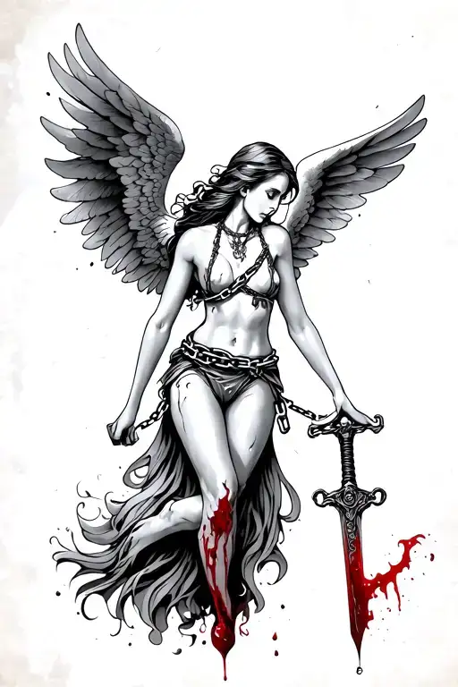 a tattoo of a flying fallen angel of a woman with a broken chain around her neck holding a bloody sword in her hands. tattoo design idea
