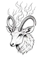 Evil but not satanic ibex head with flames in its eyes and smoke drifting away from its eyes  tattoo design idea