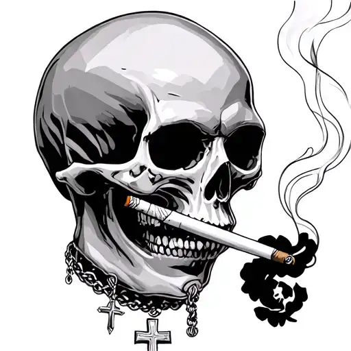 skull wearing cross necklace smoking cigarette tattoo design idea