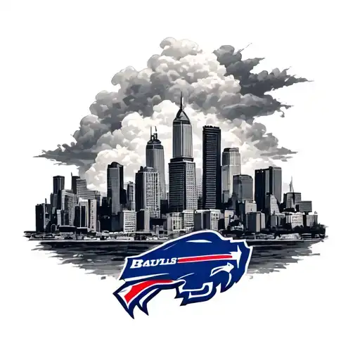 A buffalo Bills logo morphing into a Toronto skyline, with soft, dreamy clouds surrounding it tattoo design idea