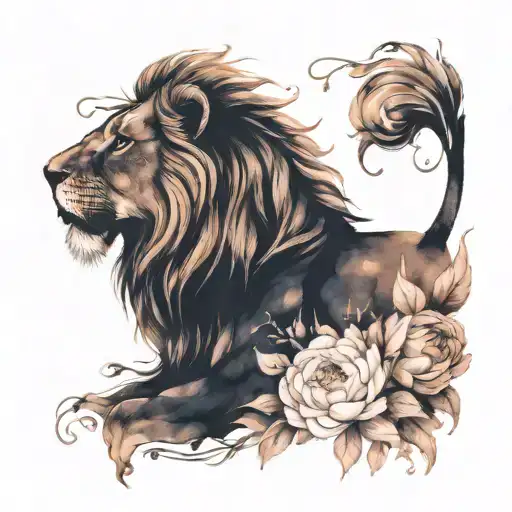 Lion head with vine leaves and peony flowers tattoo design idea