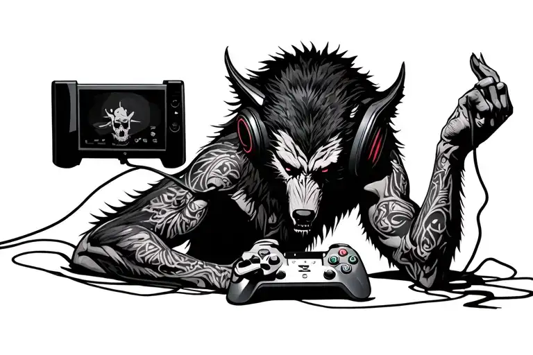 werewolf playing video games with headset headphones connected tattoo design idea