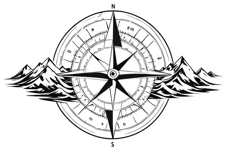 large compass with long north point surrounded by intricate geometric moutains and waves. grayscale.  tattoo design idea
