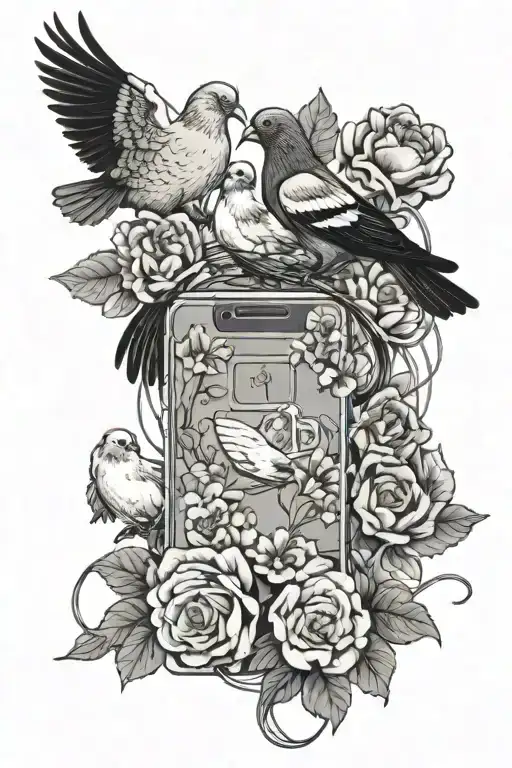 nice garden with flowers with pigeons on a phone wire  tattoo design idea