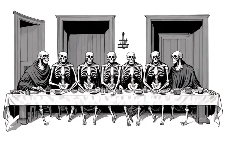 The last supper but with skeletons sitting tattoo design idea