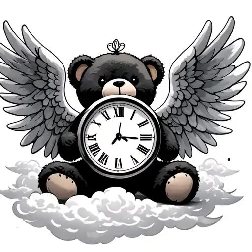 teddy bear, clock, angel wings, clouds surrounding tattoo design idea