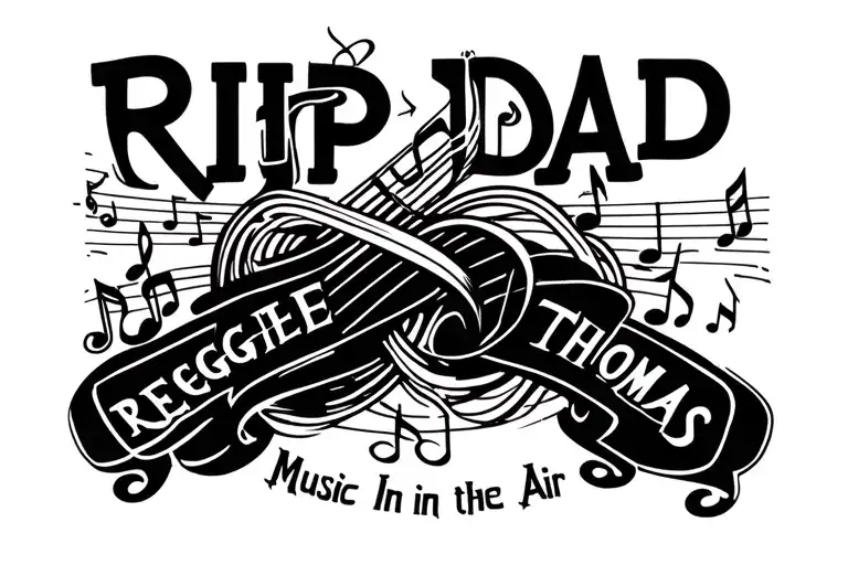 Music notes intertwined with RIP DAD. "REGGIE" on the right and "THOMAS" on the left. "Music In The Air" underneath. tattoo design idea