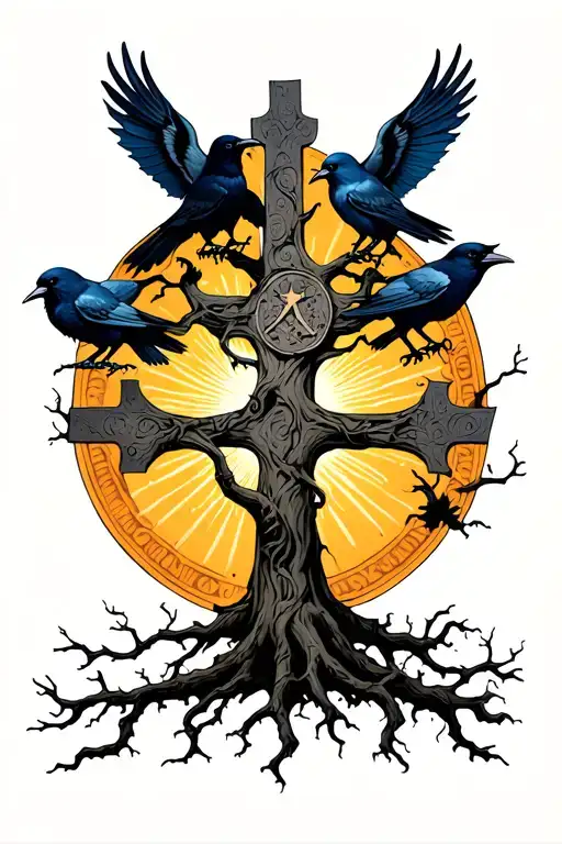 poison tree with a cross intertwined, crows, and sun beams tattoo design idea