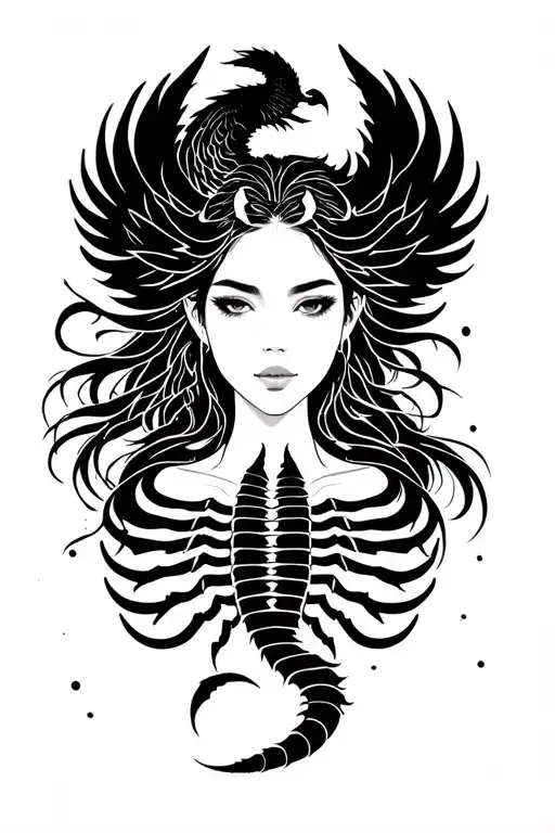 sillouette of a woman's face, serene and powerful. A scorpion showing her chest, reincarnate phoenix and dragon japanese tattoo design idea