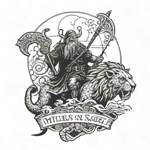 viking with lion and accent of sea turtle with the quote "miles to go before i sleep" tattoo design idea