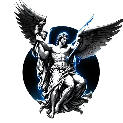 Saint michael killing lucifer with thin blue line tattoo tattoo design idea