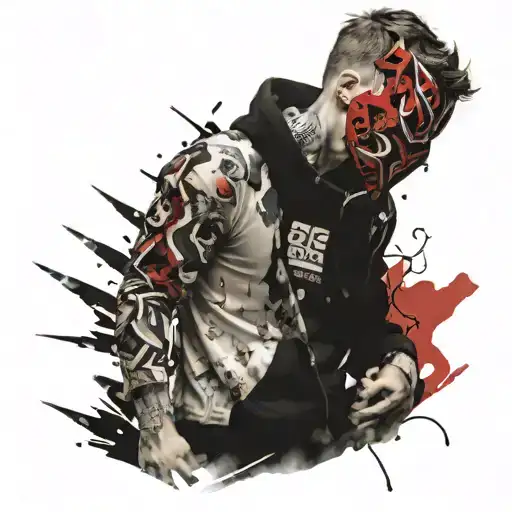 boy wearing mask fighting off inner demons tattoo design idea