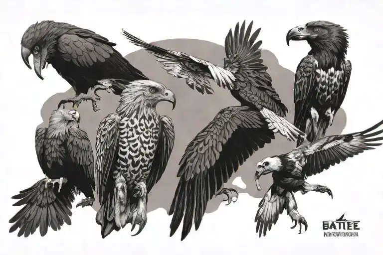 silhouettes of a martial eagle, fish eagle catching a fish,black hawked eagle, bateleur eagle,long creased eagle flying tattoo design idea