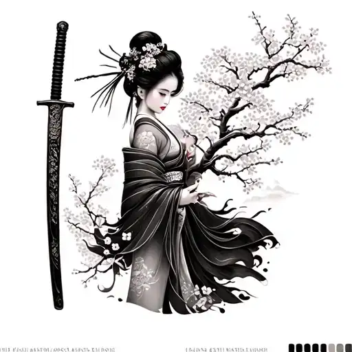 geisha leg sleeve with katana and sakura tree tattoo design idea