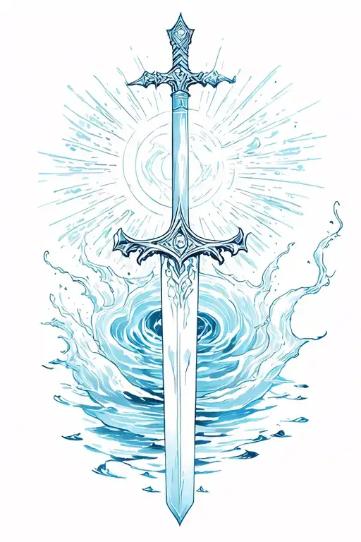 tattoo that combines biblical symbolism with fantasy art vibes, with a sword & water and light motifs tattoo design idea