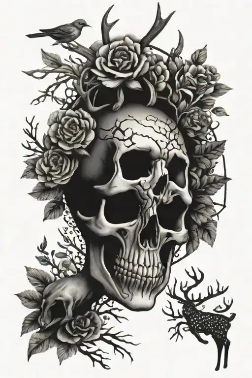 skull, family tree, floral, vibes, deer, birds,  tattoo design idea