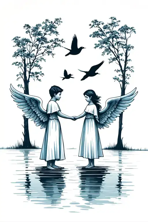 chikd boy girl angels holding hands towards lake with four birds flying above tattoo design idea
