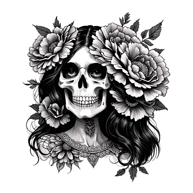 Mexican skeleton woman with carnations tattoo design idea