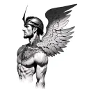 a man with wings and Illyrian helmet tattooed on his chest tattoo design idea