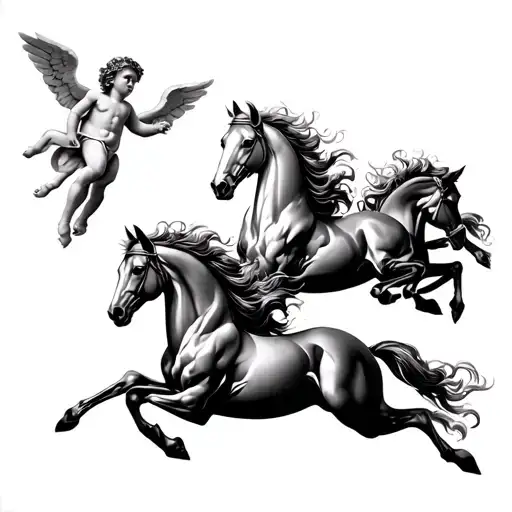 Five galloping horses in dynamic blackwork, Michelangelo’s Hand of God reaching down, and ethereal cherub angels,  tattoo design idea
